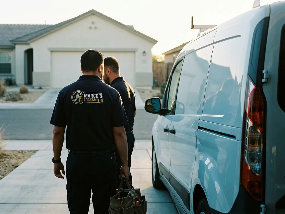 Two Marco's Locksmith technicians walking to the service van in a residential driveway