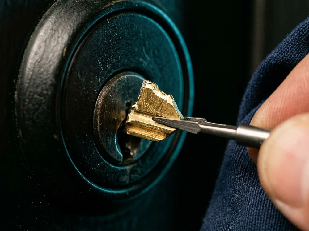Snapped brass key fragment gripped in an extractor tool and drawn out of a lock keyway