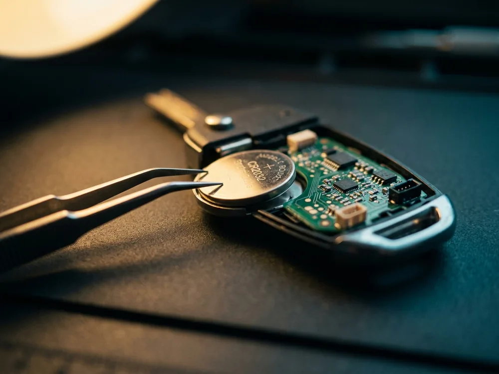 Car key fob opened to show its coin battery and circuit board, tweezers alongside