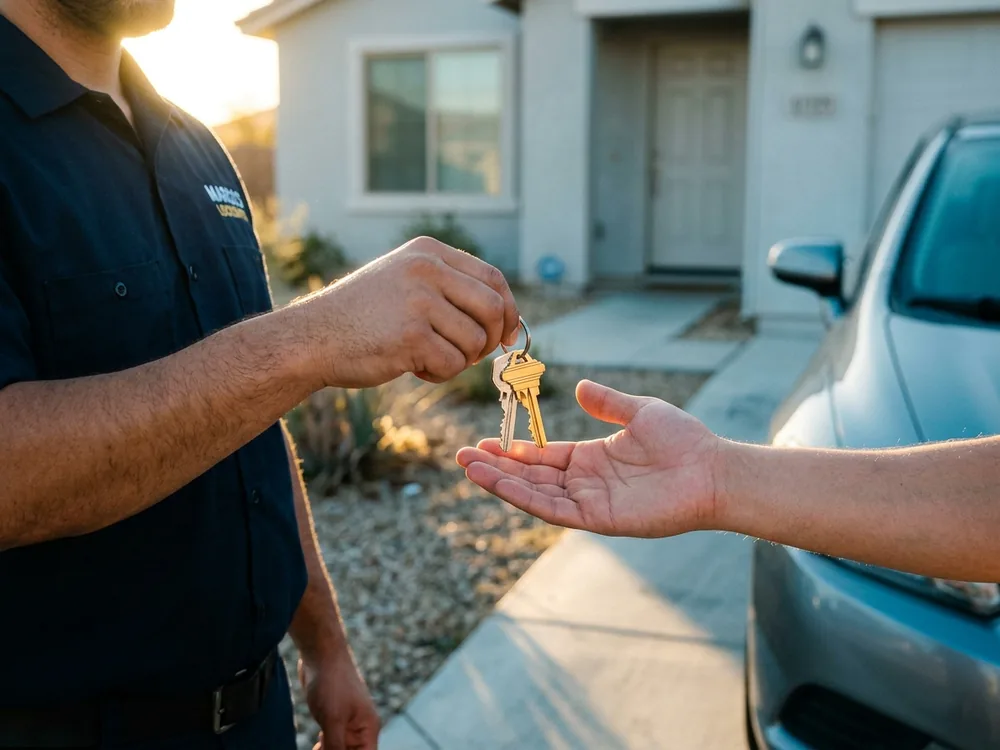 Freshly cut car keys handed to a customer in a residential driveway