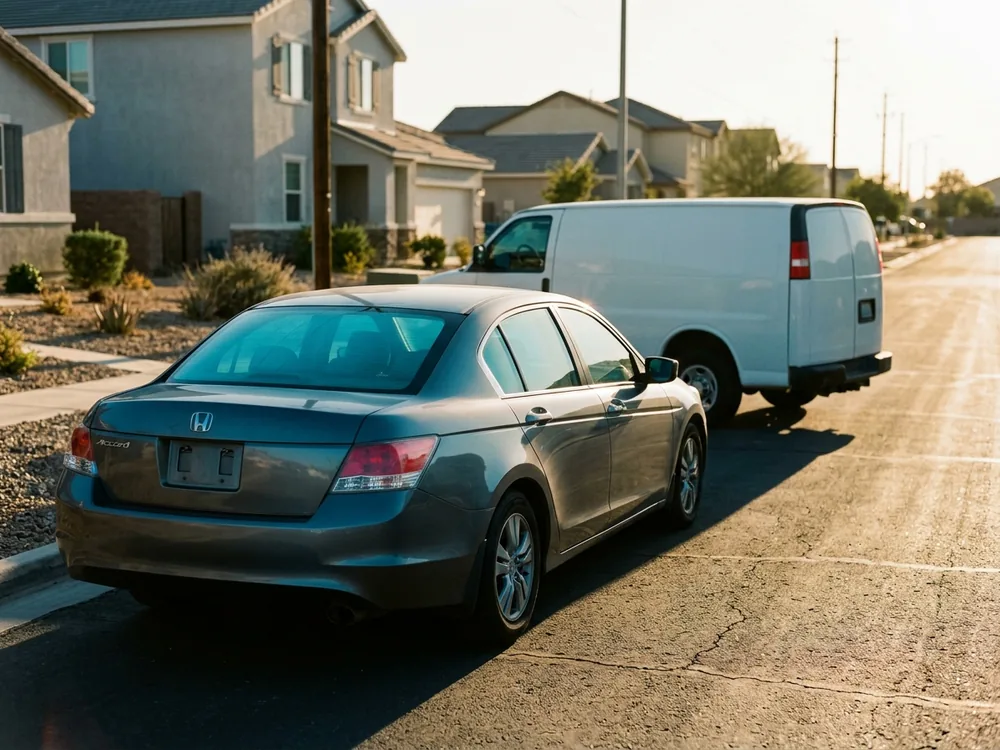 Service van parked at the curb behind a locked car on a suburban street