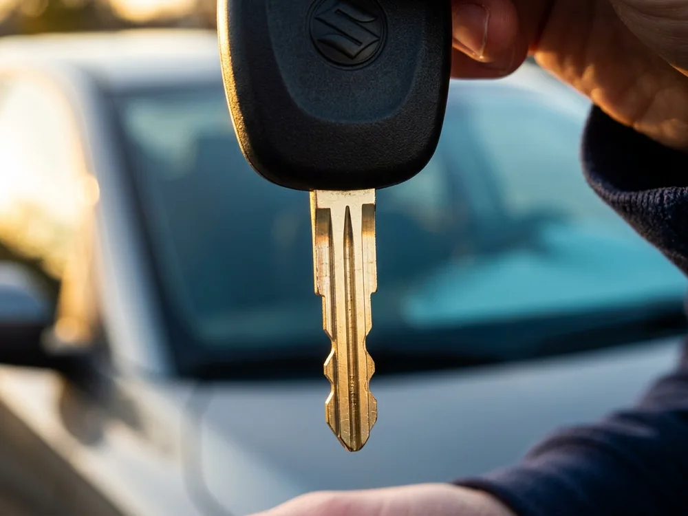 Freshly cut transponder car key held at the customer vehicle after programming