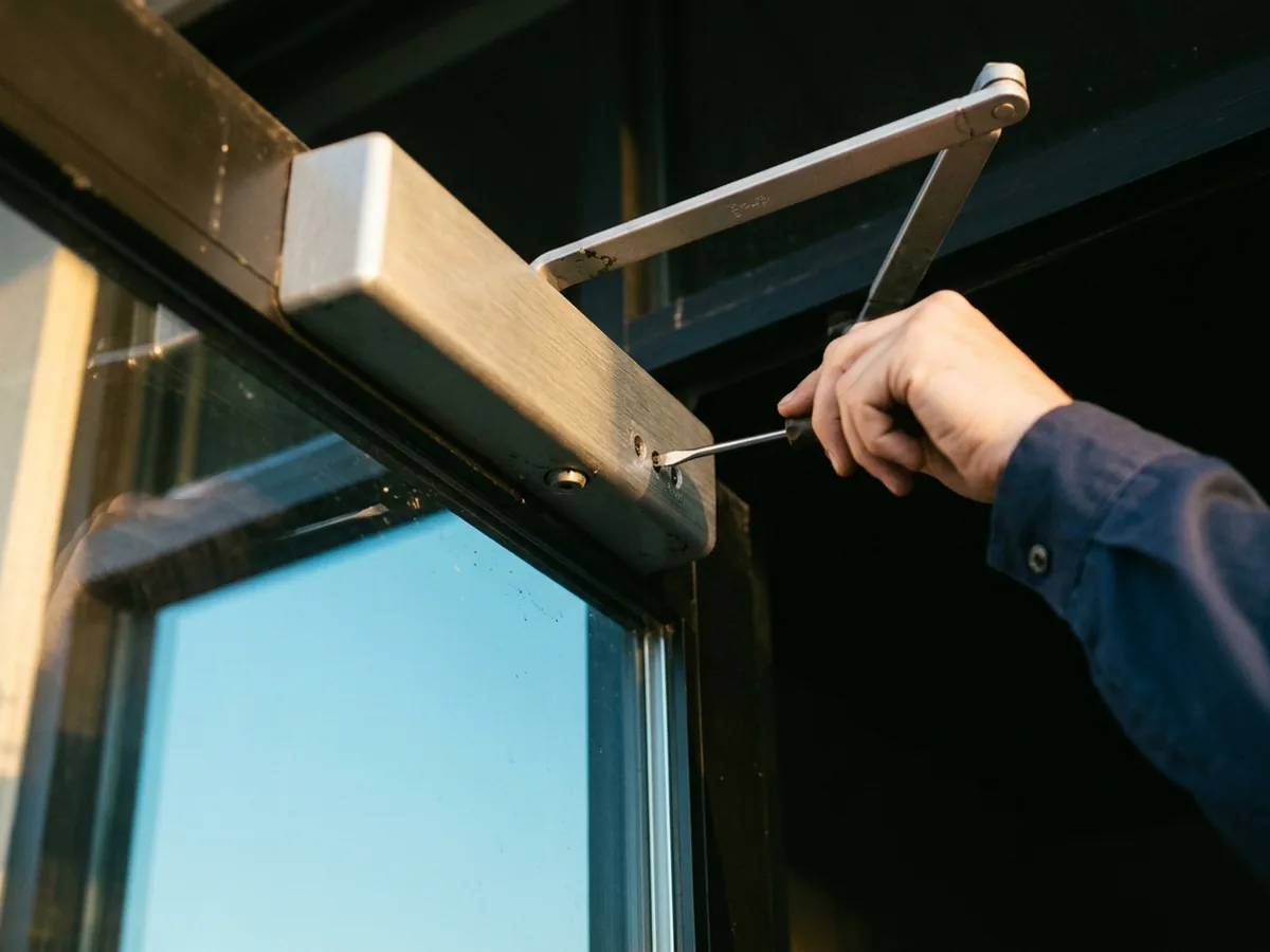 Door closer being adjusted at the top of a glass storefront door