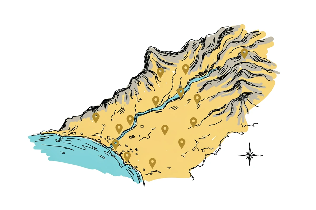 Illustrated map of the Ventura County service area, coastline to inland valleys, with pins marking the towns covered