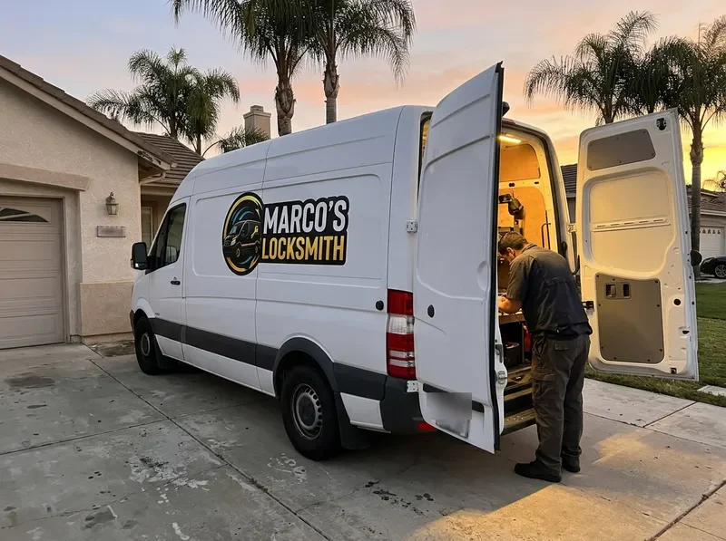 Marco's Locksmith van loaded and lit in a driveway at dusk on an evening call
