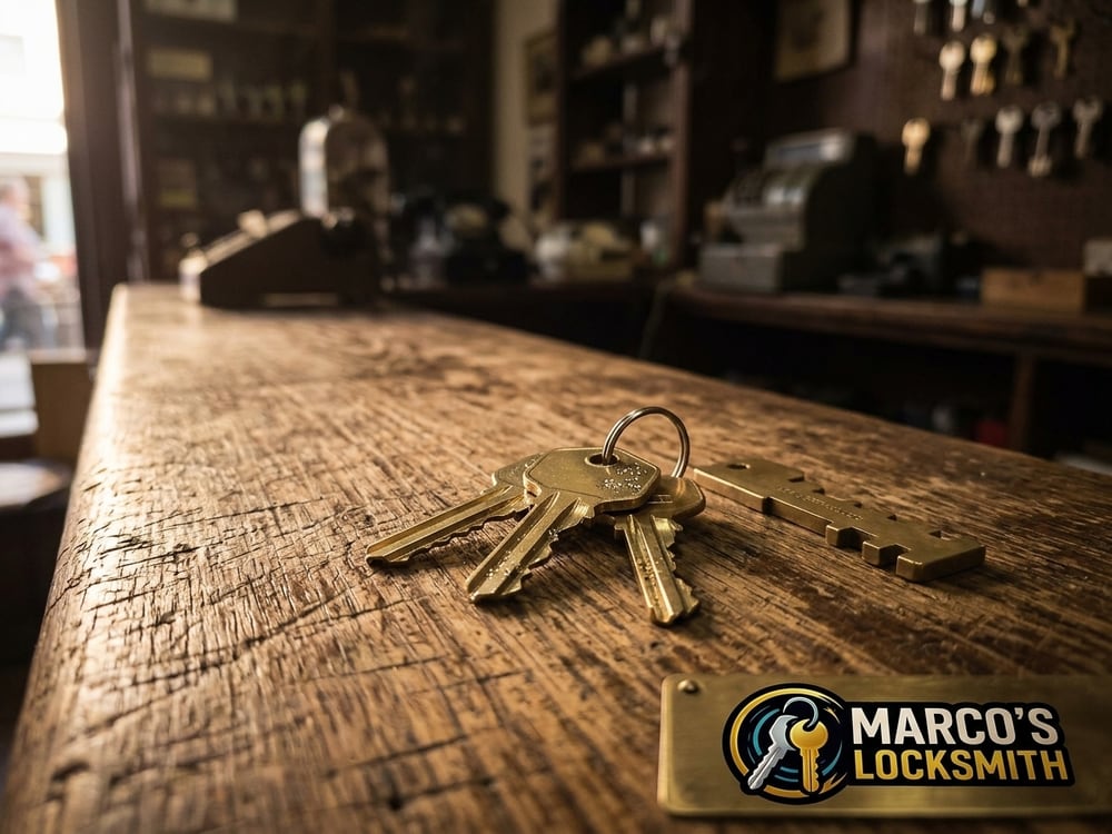 Freshly cut brass keys on the counter of a historic storefront