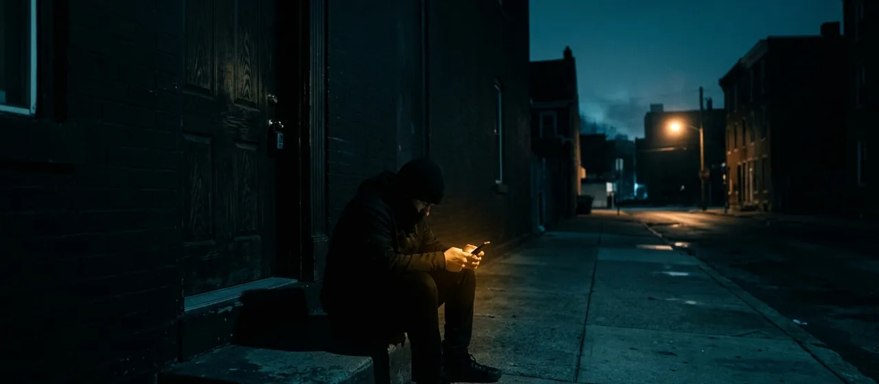 Person sitting on a front step at night beside a locked door, lit only by the glow of their phone