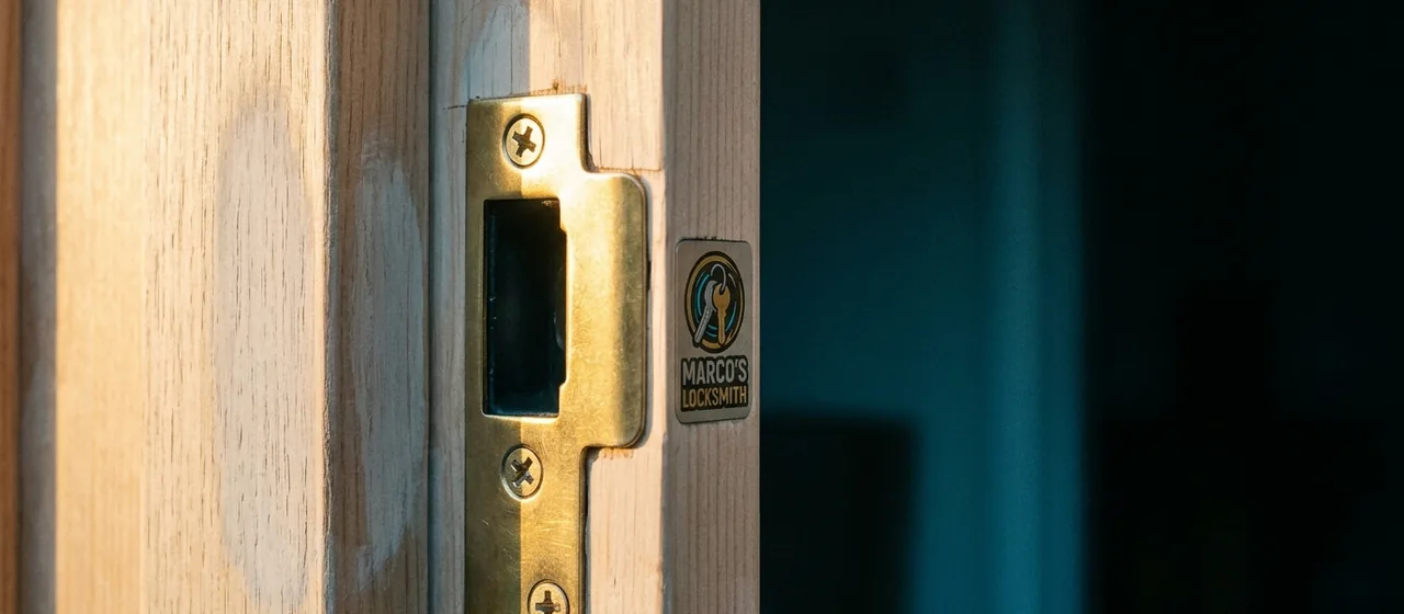 Repaired and reinforced door jamb with a new heavy strike plate fitted after a break-in