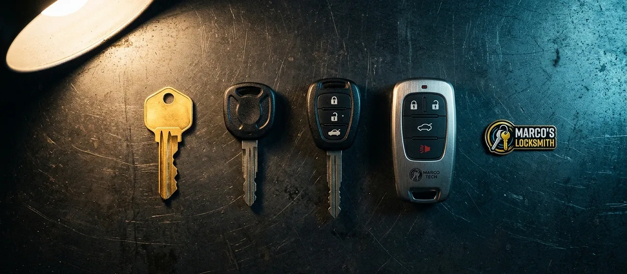 A plain key, a transponder key, a remote head key and a smart fob laid out in a row on a workbench