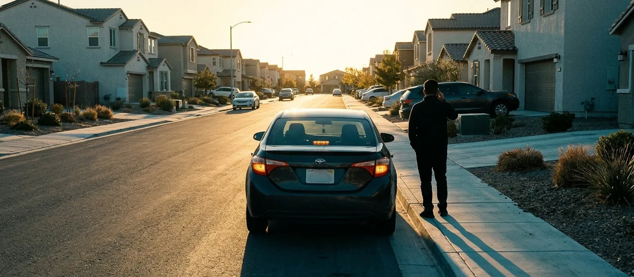 Person waiting calmly beside their locked car on a residential street, phone in hand and hazard lights on