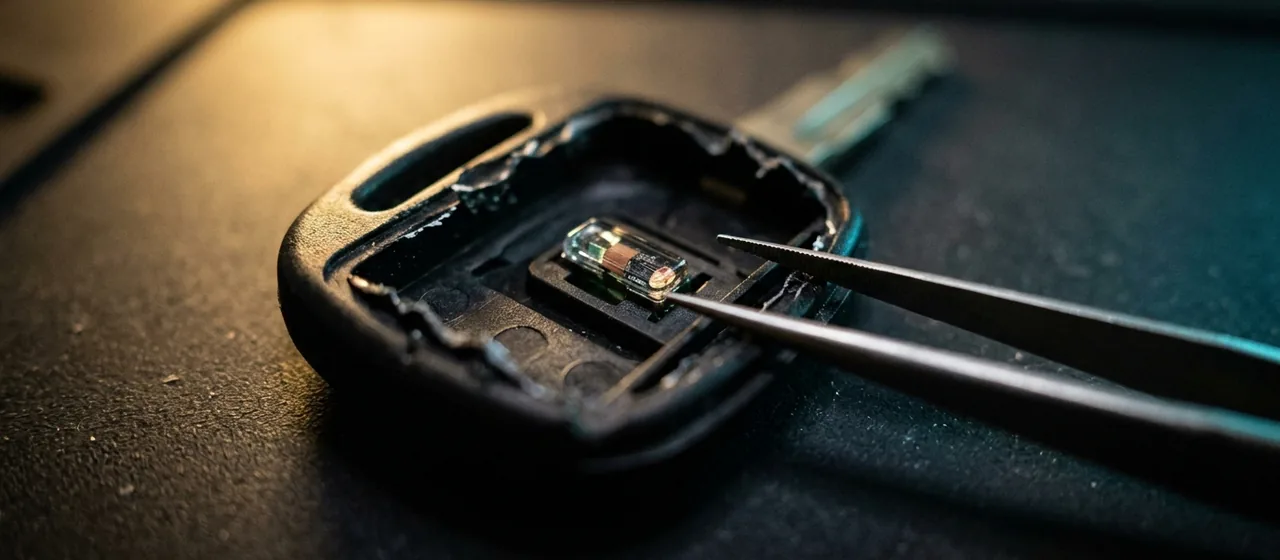 Car key head opened to show the glass transponder chip inside, tweezers alongside