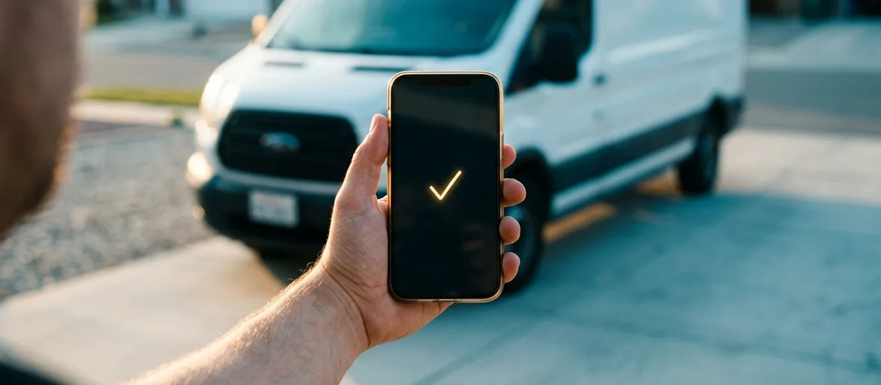 A phone held up in front of the service van showing a verification checkmark