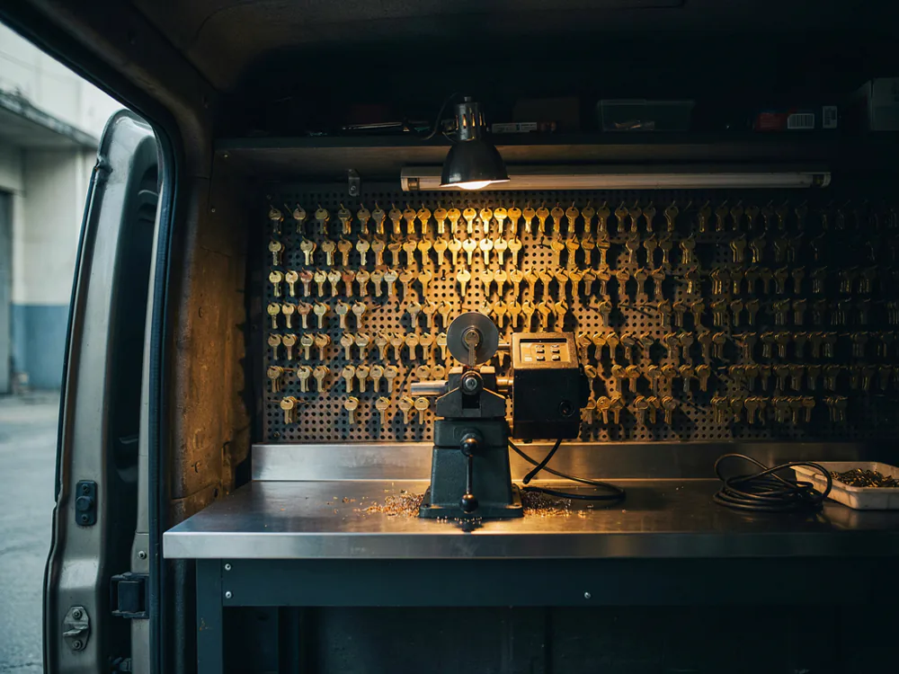 Key cutting and programming bench inside the mobile locksmith van, pegboard of brass key blanks behind it