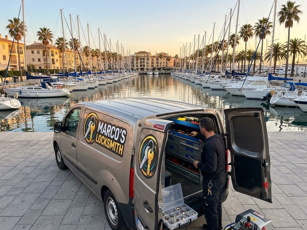 Marco's Locksmith service van with its rear doors open at a harbour quay, technician working at the tool drawers