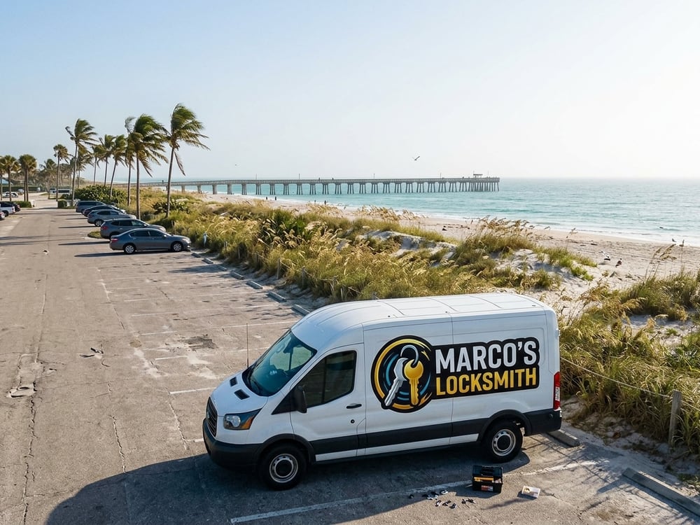 Marco's Locksmith service van parked at a beach with a pier beyond
