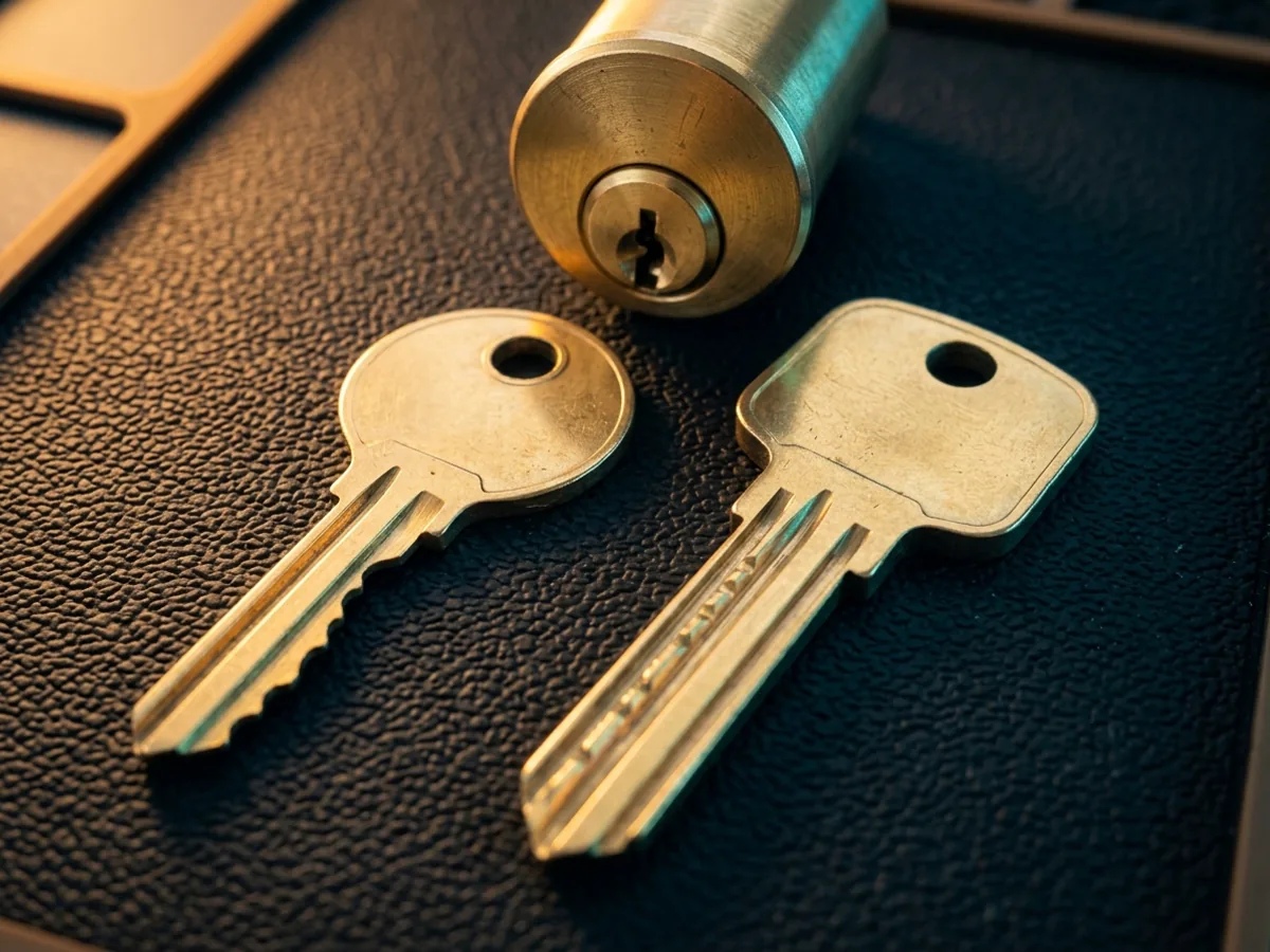 High-security key with a milled track laid beside an ordinary house key, with a matching brass cylinder