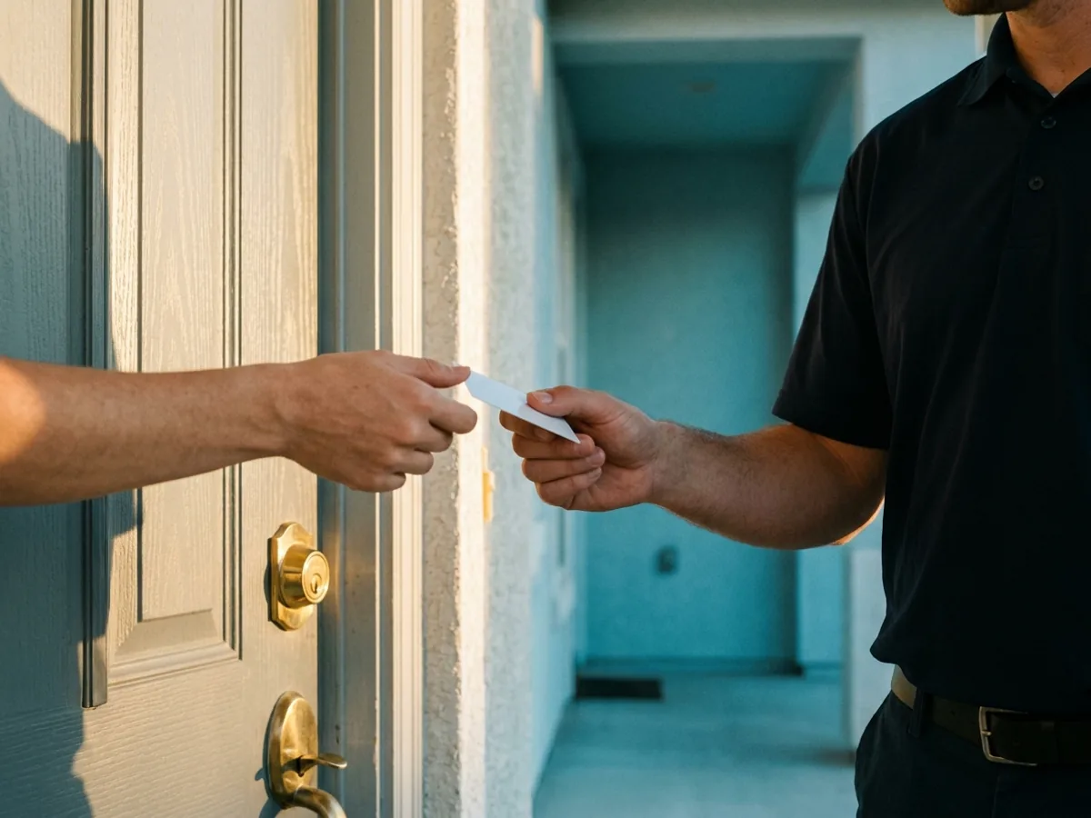 Identification being checked at a suburban front door before a home lockout is opened