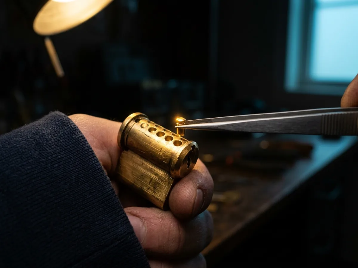 Key pin being lowered into the chamber of a brass lock plug during a rekey