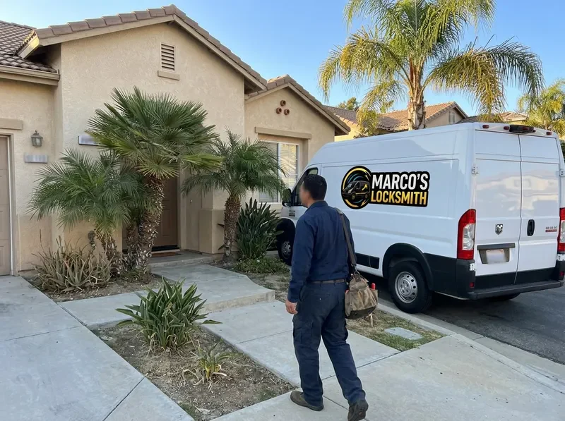 Marco's Locksmith technician walking up to a house with a tool bag, service van at the curb