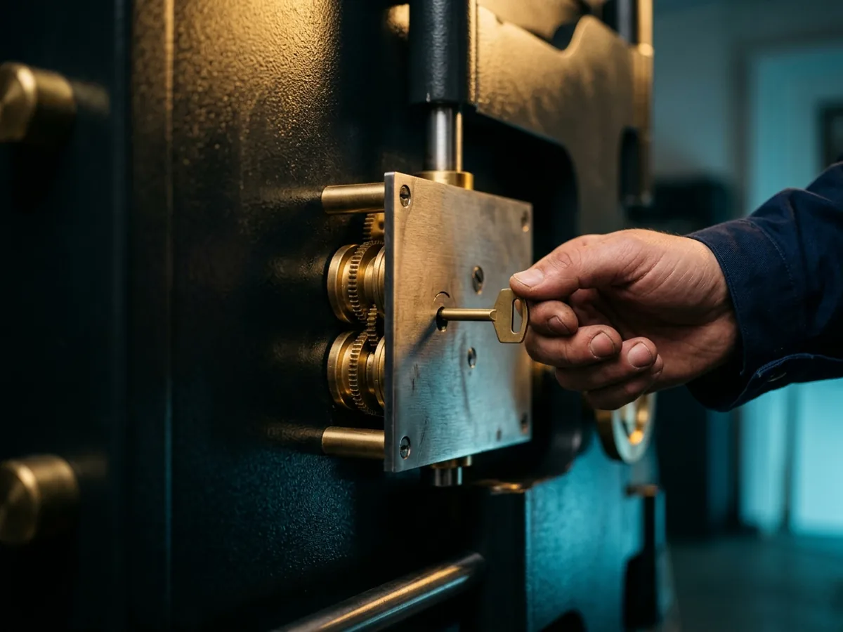Change key inserted at the back of a safe lock body with the brass wheel pack exposed
