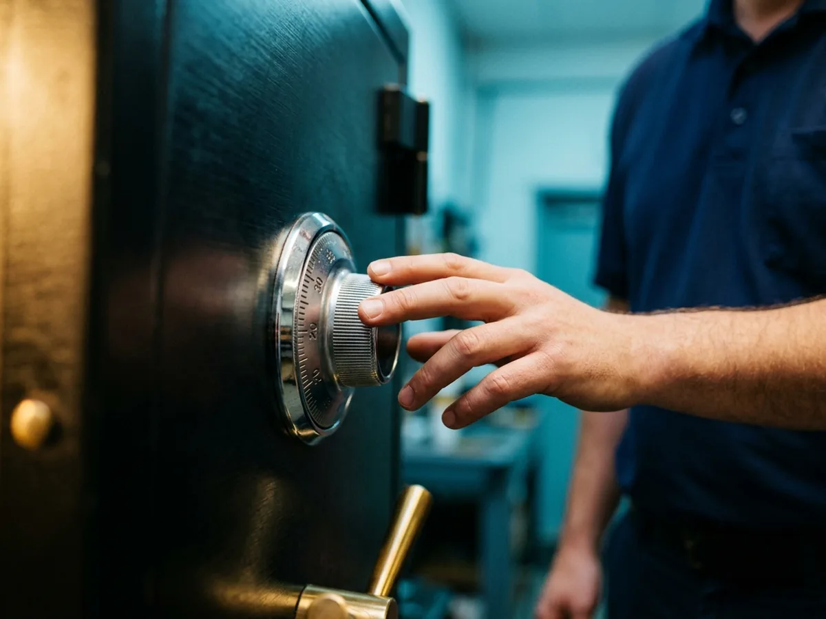 Technician working the dial of a black steel safe during an opening