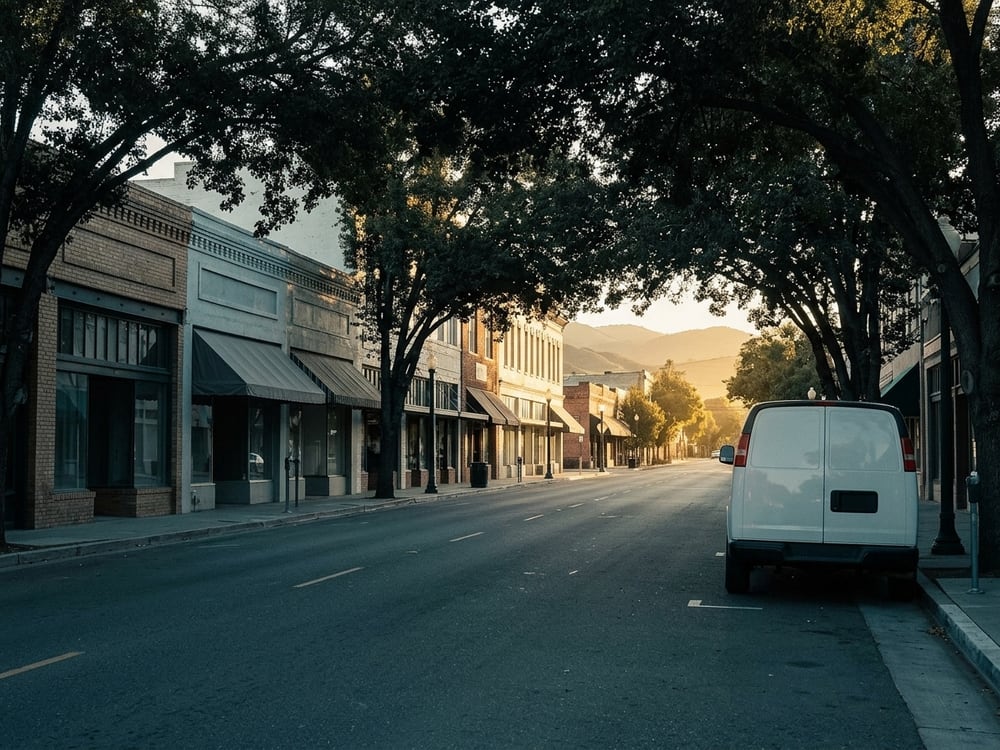 Marco's Locksmith service van parked on a historic downtown street