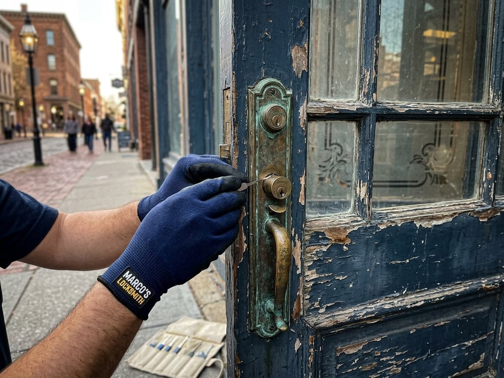 Lock cylinder being serviced on an old painted wooden shop door